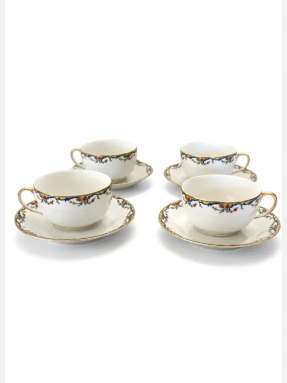 Set of 4 Limoges France Vignaud Tea Cups & Saucers Floral Gold Trim China